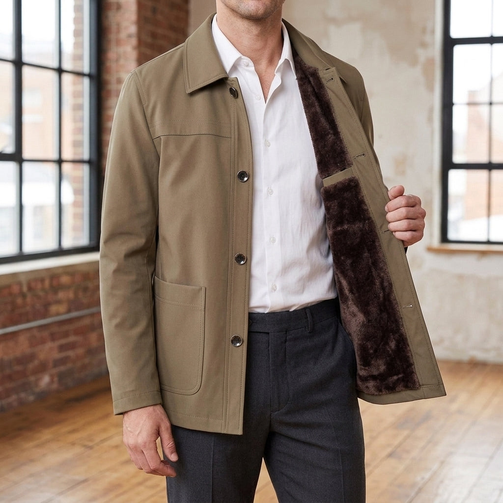 Harlan Button Front Jacket - Khaki Plus Velvet