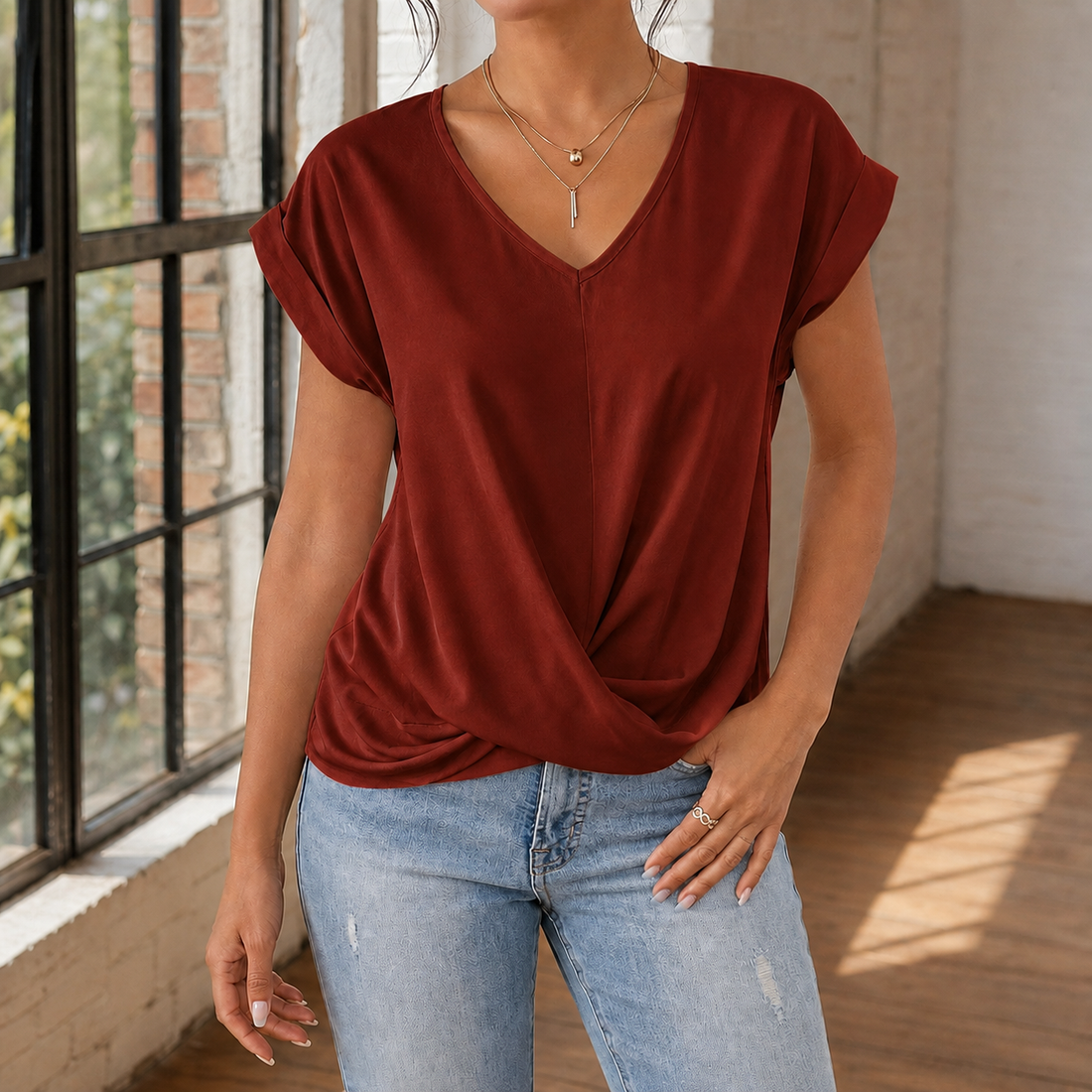 Willa V Neck Top - Red