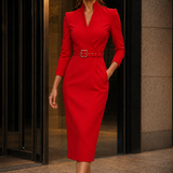 Lucille Belted Midi Dress - Red